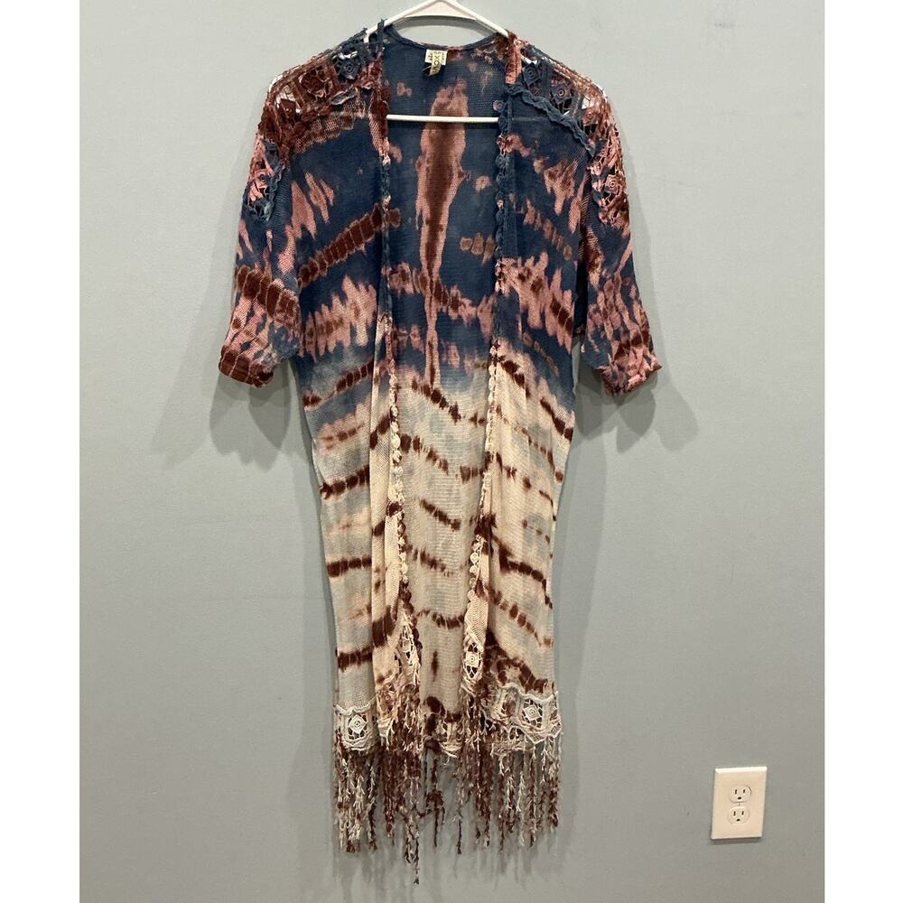XCVI Womens Crochet Duster Kimono S Tie Dye Fringe Beach Resort‎ Vacation Boho